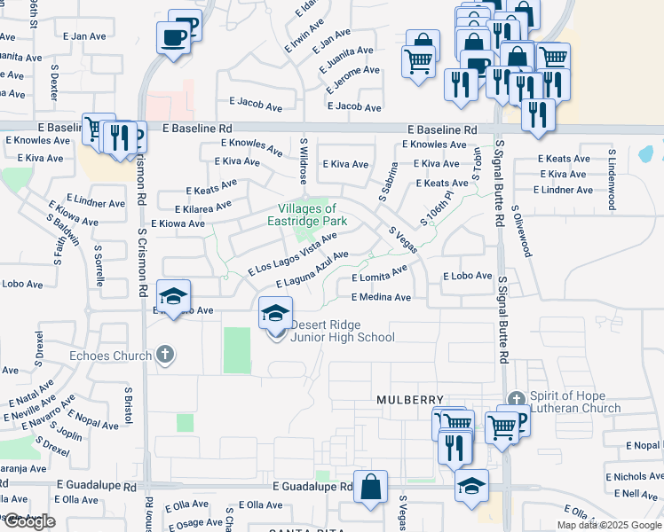 map of restaurants, bars, coffee shops, grocery stores, and more near 10421 East Laguna Azul Avenue in Mesa