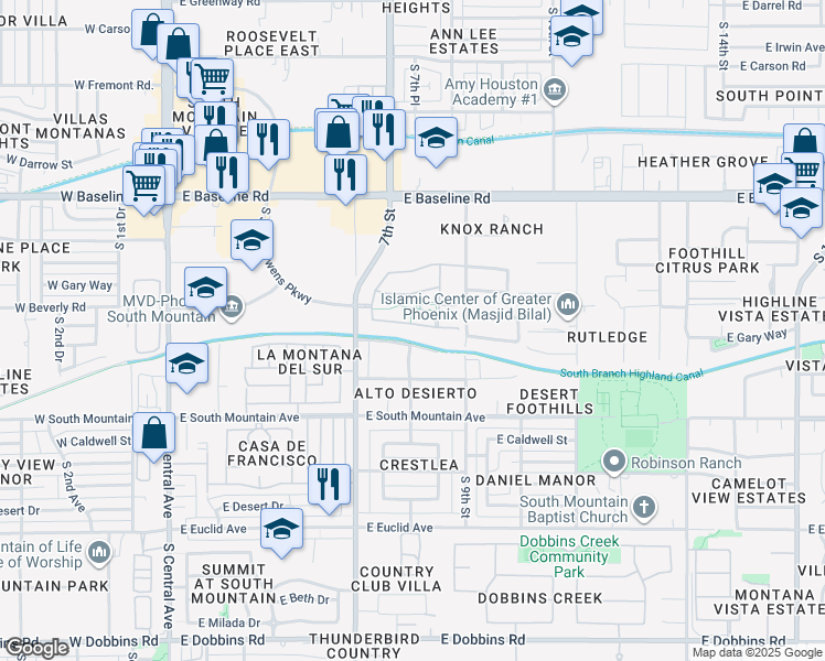 map of restaurants, bars, coffee shops, grocery stores, and more near 805 Gary Lane in Phoenix