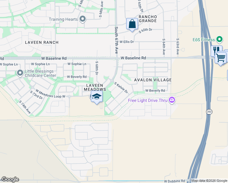 map of restaurants, bars, coffee shops, grocery stores, and more near 6727 West Beverly Road in Phoenix