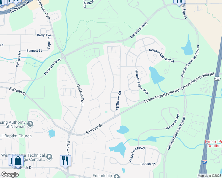 map of restaurants, bars, coffee shops, grocery stores, and more near 33 Brown Ridge Drive in Newnan