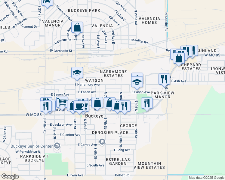 map of restaurants, bars, coffee shops, grocery stores, and more near 712 East Eason Avenue in Buckeye