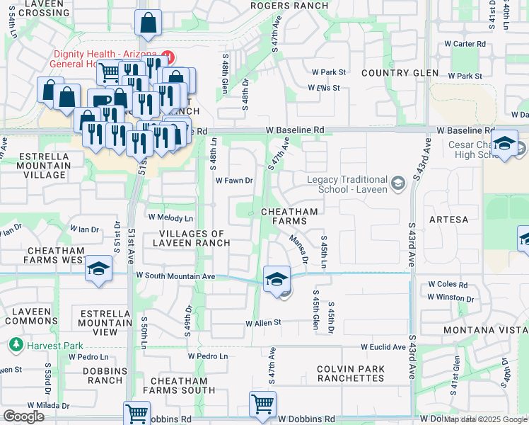 map of restaurants, bars, coffee shops, grocery stores, and more near 4710 West South Mountain Road in Phoenix