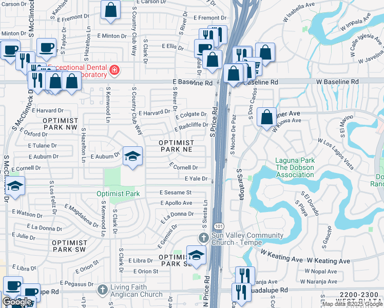 map of restaurants, bars, coffee shops, grocery stores, and more near 2138 East Oxford Drive in Tempe