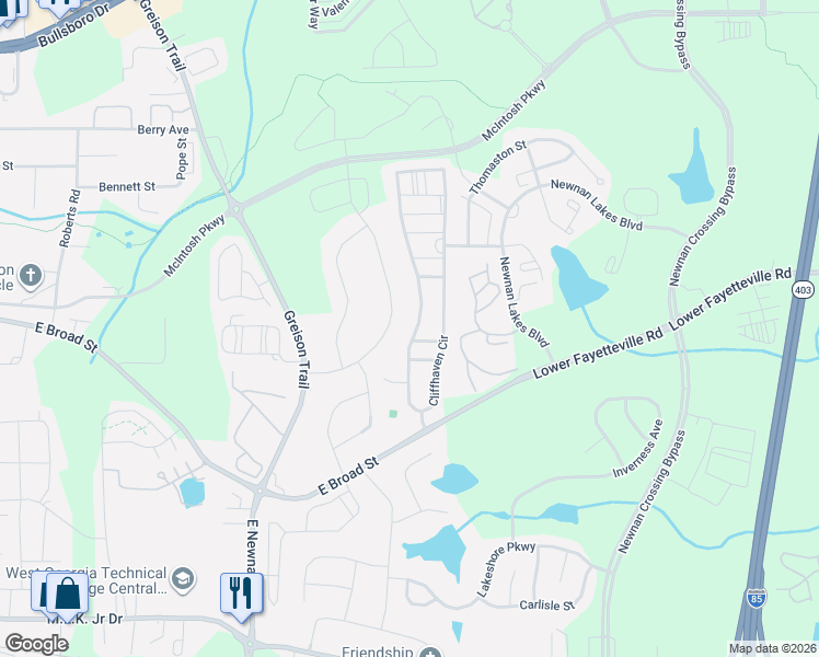map of restaurants, bars, coffee shops, grocery stores, and more near 33 Brown Ridge Drive in Newnan