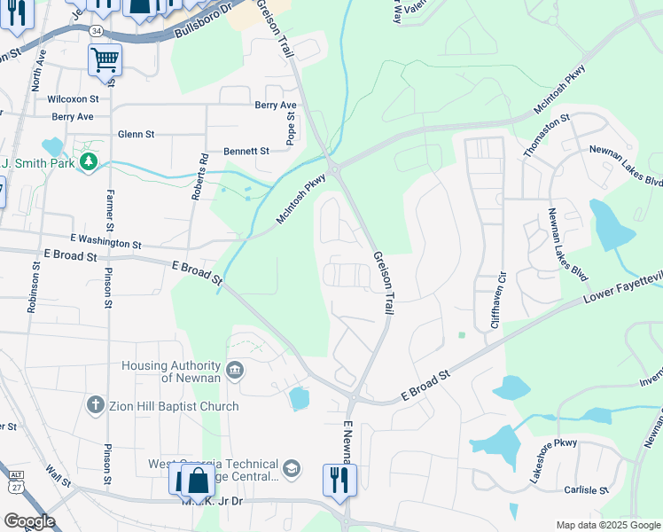 map of restaurants, bars, coffee shops, grocery stores, and more near 67 Cameron Circle in Newnan