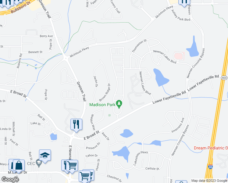 map of restaurants, bars, coffee shops, grocery stores, and more near 345 Cliffhaven Circle in Newnan