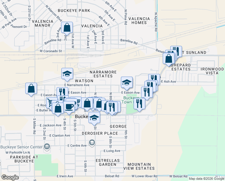 map of restaurants, bars, coffee shops, grocery stores, and more near 802 East Eason Avenue in Buckeye