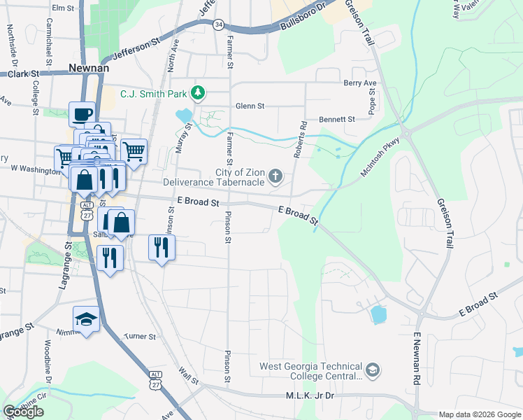map of restaurants, bars, coffee shops, grocery stores, and more near 147 East Broad Street in Newnan