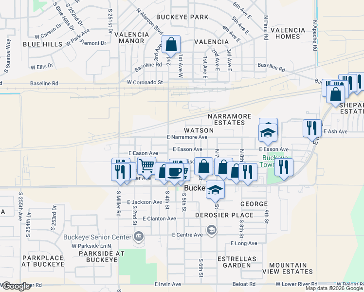 map of restaurants, bars, coffee shops, grocery stores, and more near 408 East Eason Avenue in Buckeye