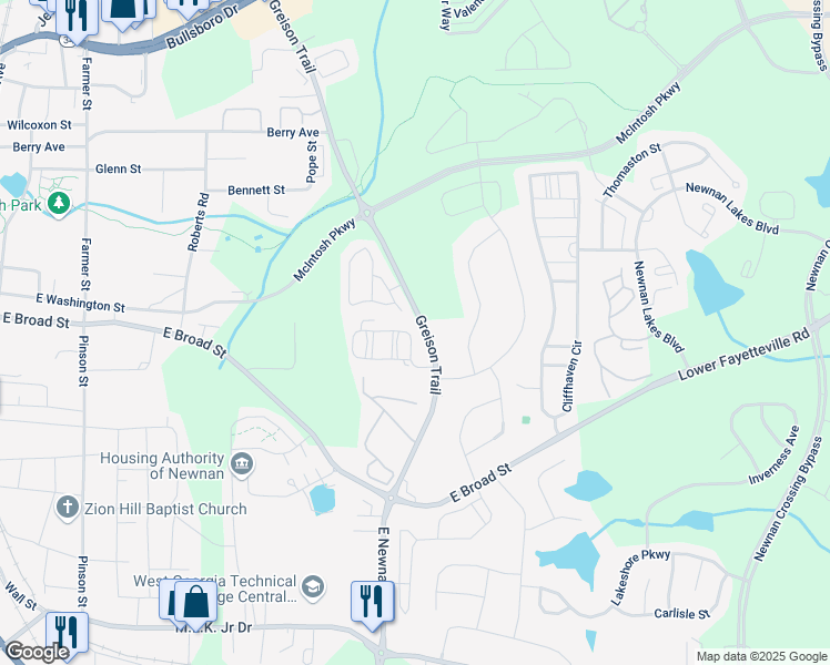 map of restaurants, bars, coffee shops, grocery stores, and more near 5 Cameron Circle in Newnan