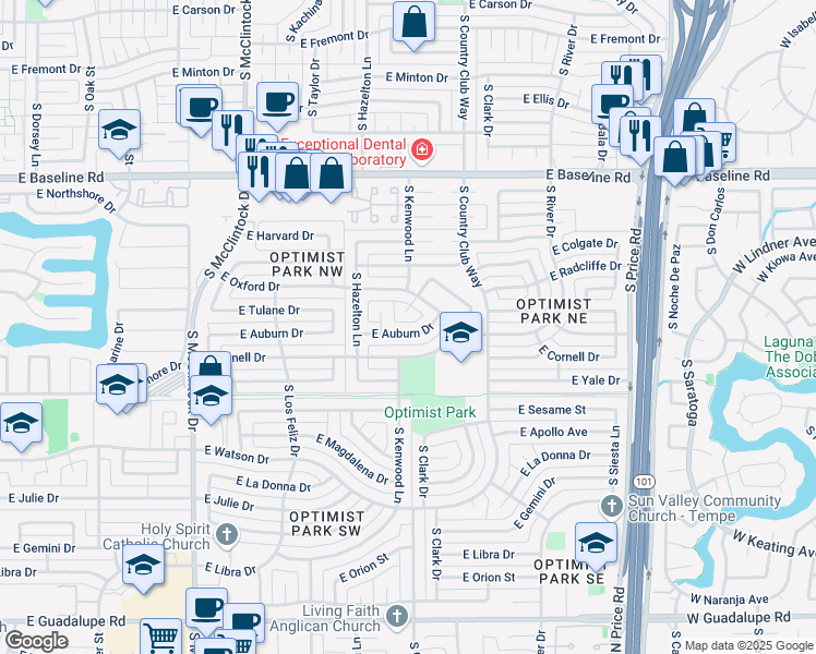 map of restaurants, bars, coffee shops, grocery stores, and more near 1946 East Auburn Drive in Tempe