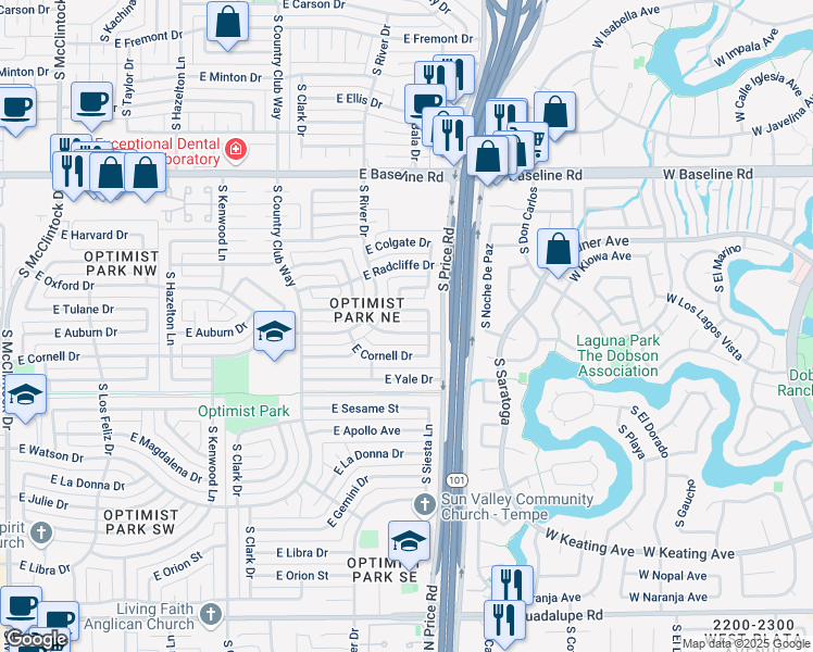 map of restaurants, bars, coffee shops, grocery stores, and more near 2138 East Oxford Drive in Tempe