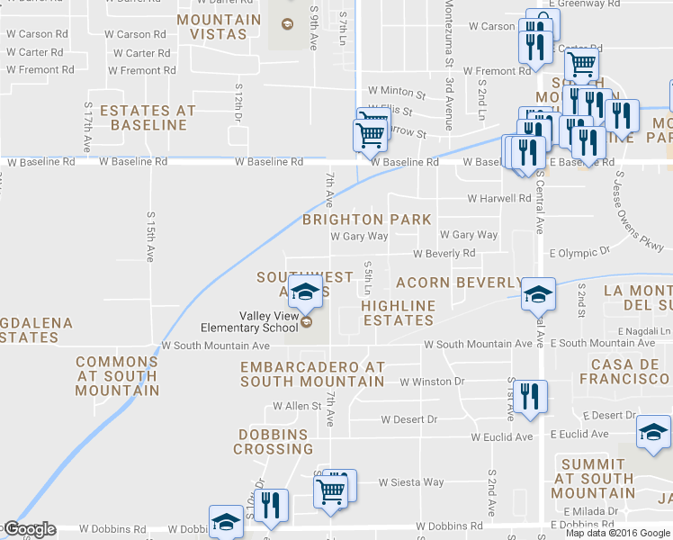 map of restaurants, bars, coffee shops, grocery stores, and more near 8021 S 7th Ave in Phoenix
