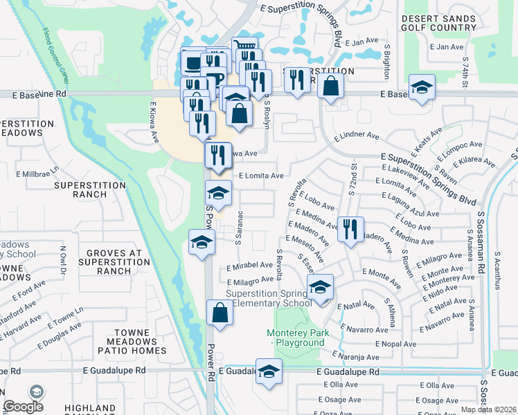 map of restaurants, bars, coffee shops, grocery stores, and more near 6927 East Lobo Avenue in Mesa