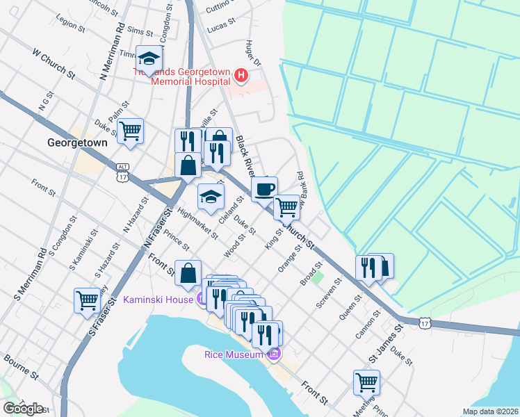 map of restaurants, bars, coffee shops, grocery stores, and more near 1101 Church Street in Georgetown