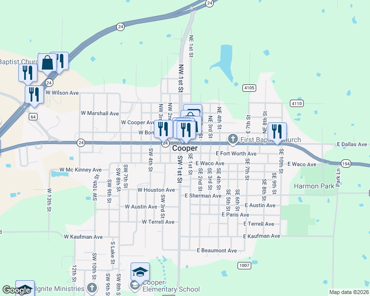 map of restaurants, bars, coffee shops, grocery stores, and more near in Cooper