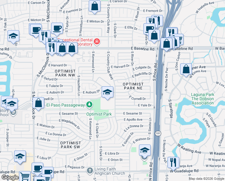 map of restaurants, bars, coffee shops, grocery stores, and more near 1996 East Oxford Drive in Tempe