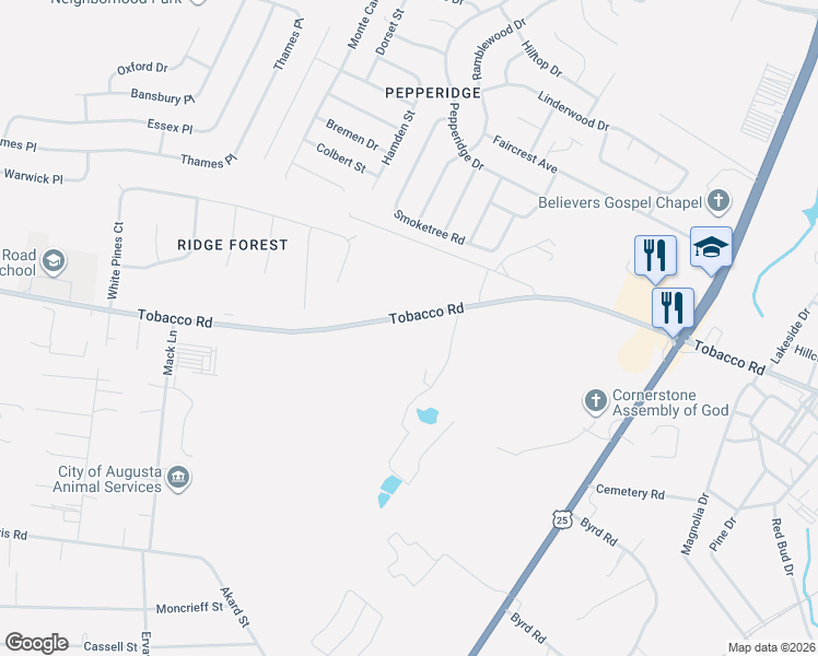 map of restaurants, bars, coffee shops, grocery stores, and more near 2324 Tobacco Road in Augusta