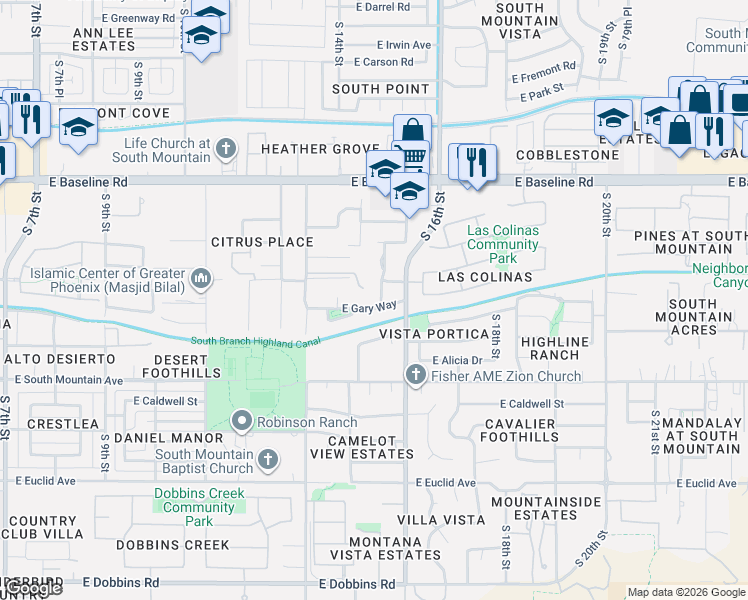 map of restaurants, bars, coffee shops, grocery stores, and more near 8018 South 15th Way in Phoenix