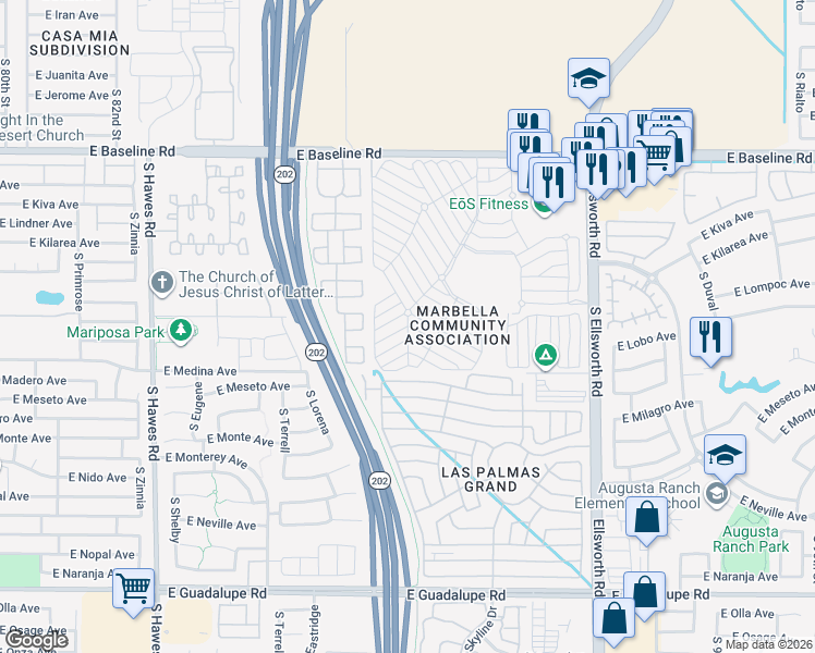 map of restaurants, bars, coffee shops, grocery stores, and more near Hopi Drive in Mesa
