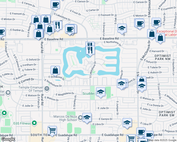 map of restaurants, bars, coffee shops, grocery stores, and more near 5501 South Lakeshore Drive in Tempe