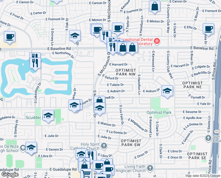 map of restaurants, bars, coffee shops, grocery stores, and more near 1840 East Auburn Drive in Tempe