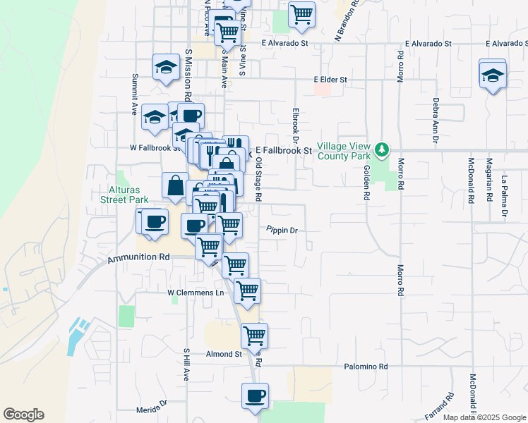 map of restaurants, bars, coffee shops, grocery stores, and more near 1020 Old Stage Road in Fallbrook