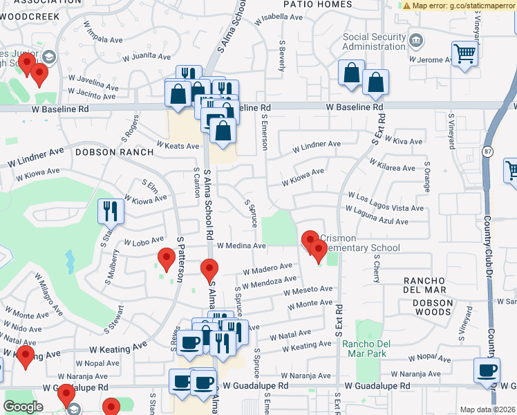 map of restaurants, bars, coffee shops, grocery stores, and more near 2259 South Spruce in Mesa