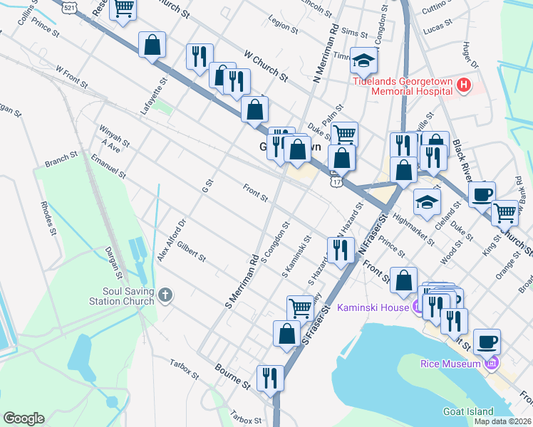 map of restaurants, bars, coffee shops, grocery stores, and more near 106 South Merriman Road in Georgetown
