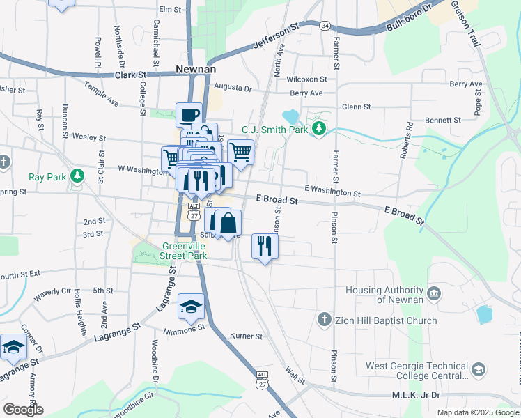 map of restaurants, bars, coffee shops, grocery stores, and more near 7 Ramey Street in Newnan