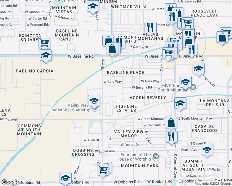 map of restaurants, bars, coffee shops, grocery stores, and more near 8013 South 5th Lane in Phoenix
