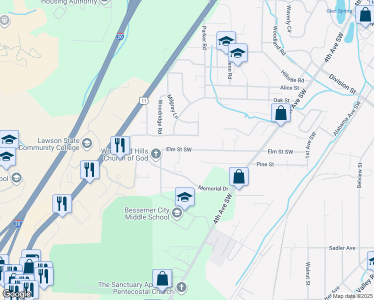 map of restaurants, bars, coffee shops, grocery stores, and more near 640 Elm St SW in Bessemer