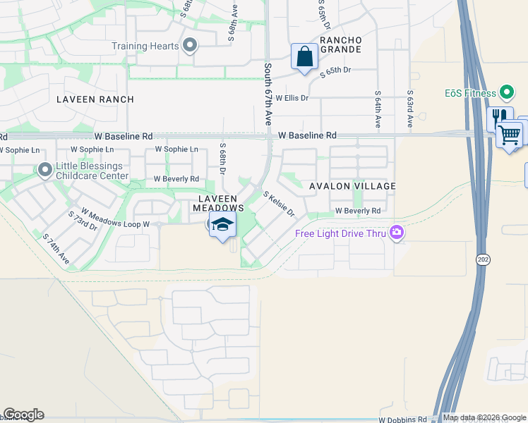 map of restaurants, bars, coffee shops, grocery stores, and more near 6727 West Beverly Road in Phoenix
