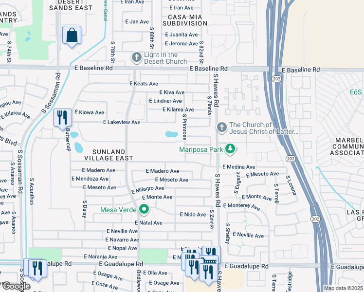 map of restaurants, bars, coffee shops, grocery stores, and more near 2316 South Primrose in Mesa
