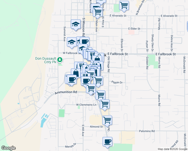 map of restaurants, bars, coffee shops, grocery stores, and more near 1019 South Main Avenue in Fallbrook