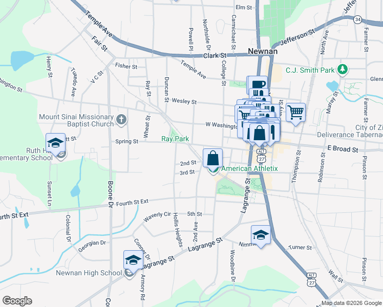 map of restaurants, bars, coffee shops, grocery stores, and more near 12 1st Street in Newnan