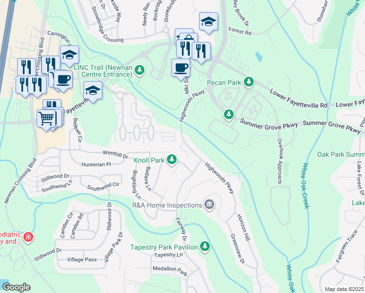 map of restaurants, bars, coffee shops, grocery stores, and more near 151 Highwoods Parkway in Newnan
