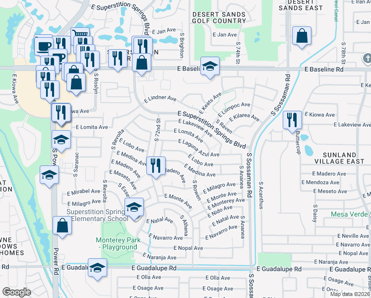 map of restaurants, bars, coffee shops, grocery stores, and more near 7308 East Lobo Avenue in Mesa