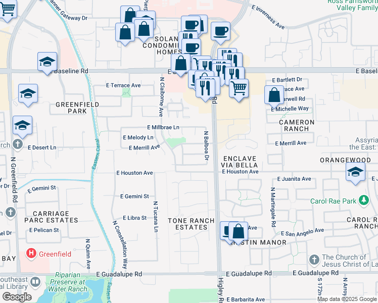 map of restaurants, bars, coffee shops, grocery stores, and more near 3096 East Desert Lane in Gilbert
