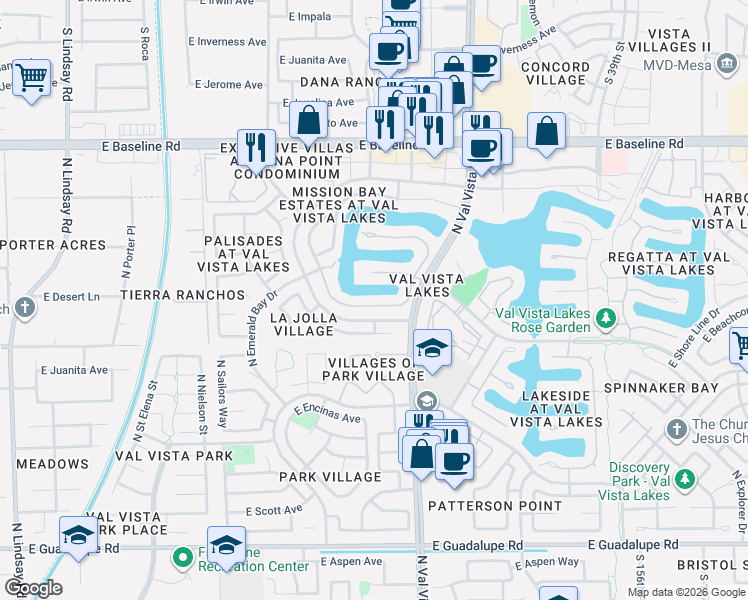 map of restaurants, bars, coffee shops, grocery stores, and more near 1322 East Treasure Cove Drive in Gilbert