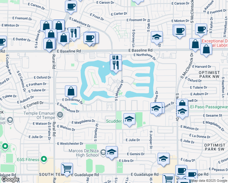 map of restaurants, bars, coffee shops, grocery stores, and more near 5501 South Lakeshore Drive in Tempe