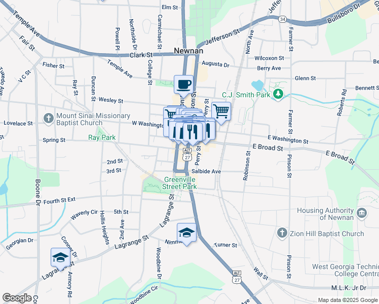 map of restaurants, bars, coffee shops, grocery stores, and more near 18 Jefferson Street in Newnan