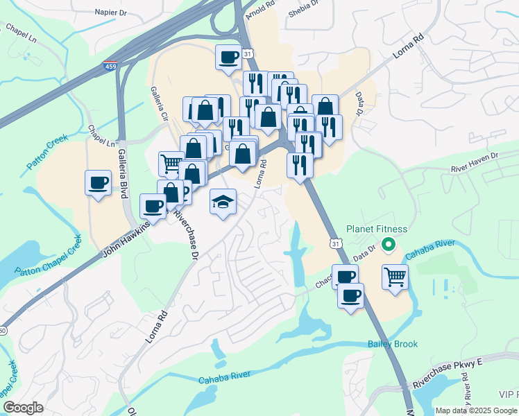 map of restaurants, bars, coffee shops, grocery stores, and more near 1905 Waterford Place in Hoover