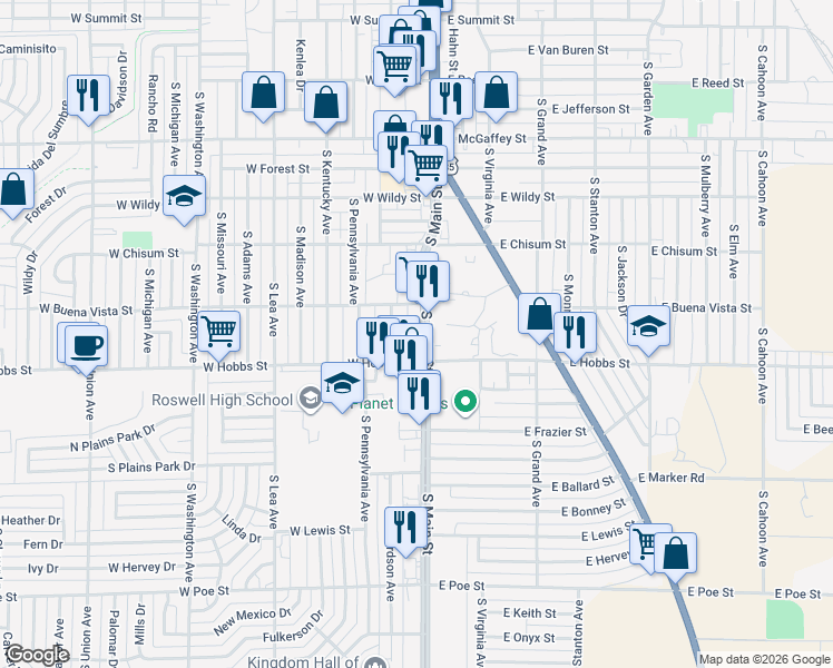 map of restaurants, bars, coffee shops, grocery stores, and more near 1612 South Main Street in Roswell