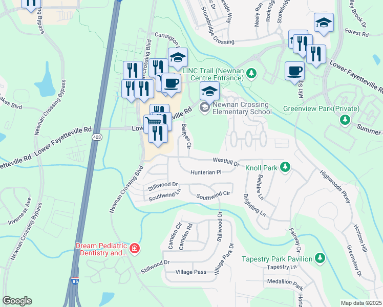 map of restaurants, bars, coffee shops, grocery stores, and more near 7 Belltree Circle in Newnan