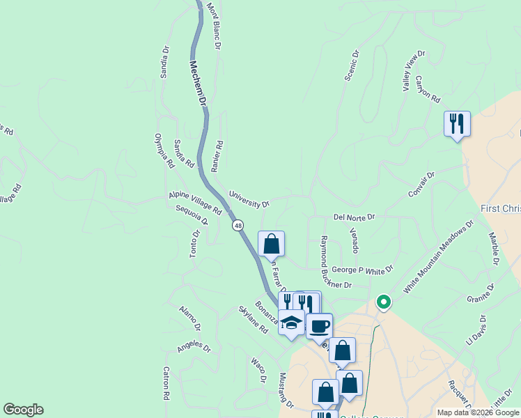 map of restaurants, bars, coffee shops, grocery stores, and more near 110 University Drive in Ruidoso
