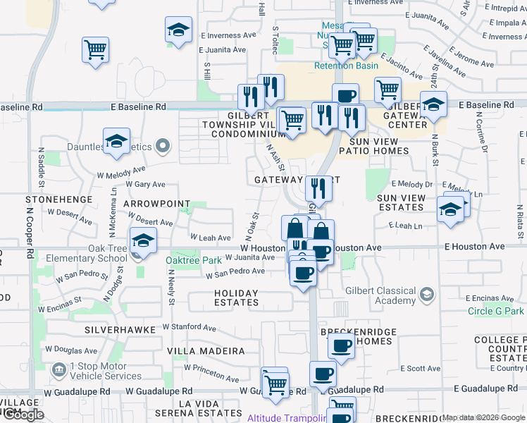 map of restaurants, bars, coffee shops, grocery stores, and more near 146 West Desert Court in Gilbert