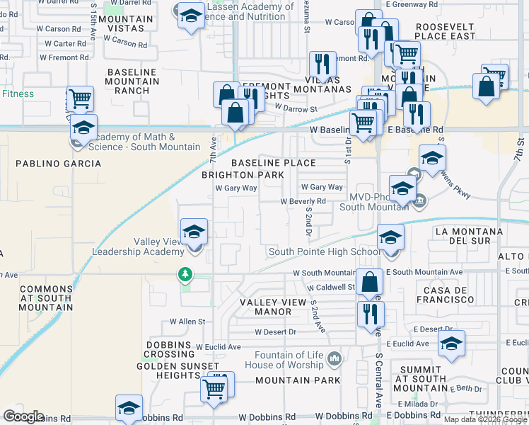 map of restaurants, bars, coffee shops, grocery stores, and more near 8021 South 5th Avenue in Phoenix