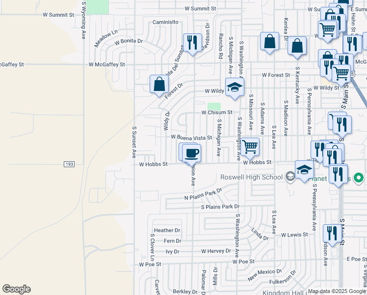 map of restaurants, bars, coffee shops, grocery stores, and more near 1017 Plaza Del Sol in Roswell