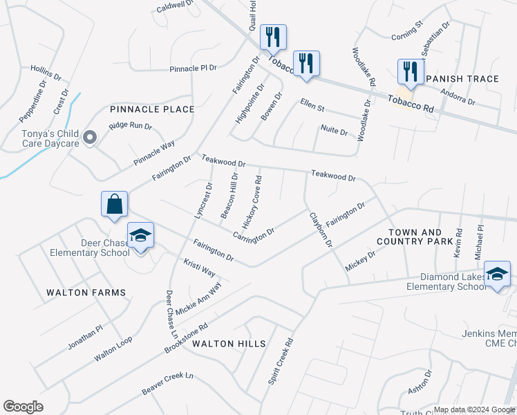 map of restaurants, bars, coffee shops, grocery stores, and more near 3718 Hickory Cove Road in Hephzibah